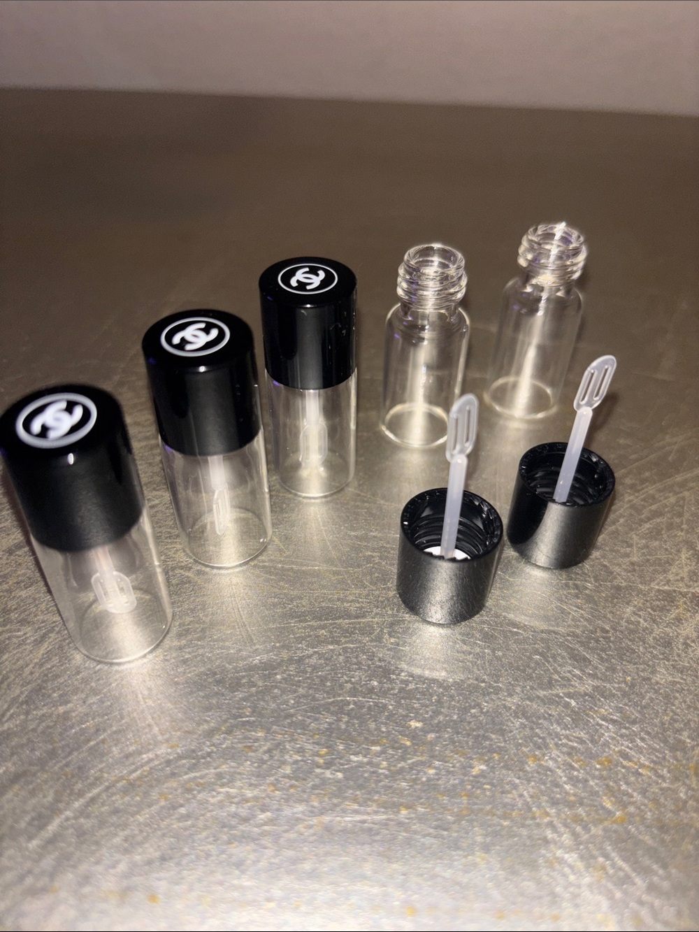 CHANEL Clear Mini Refillable Glass Vials with spatulas/Black Caps